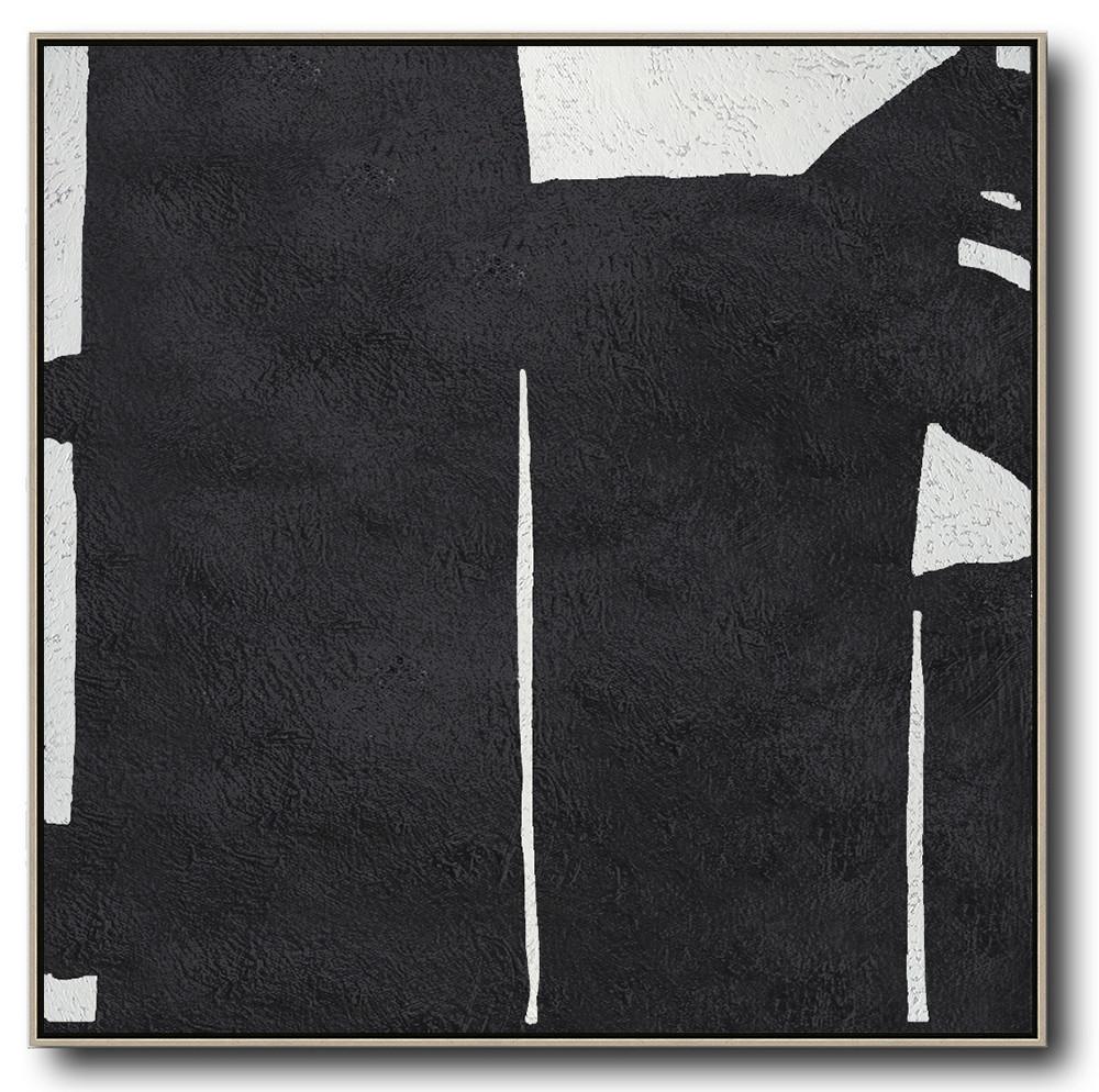 Hand-Painted Oversized Minimal Black And White Painting - Art News Double Room Huge